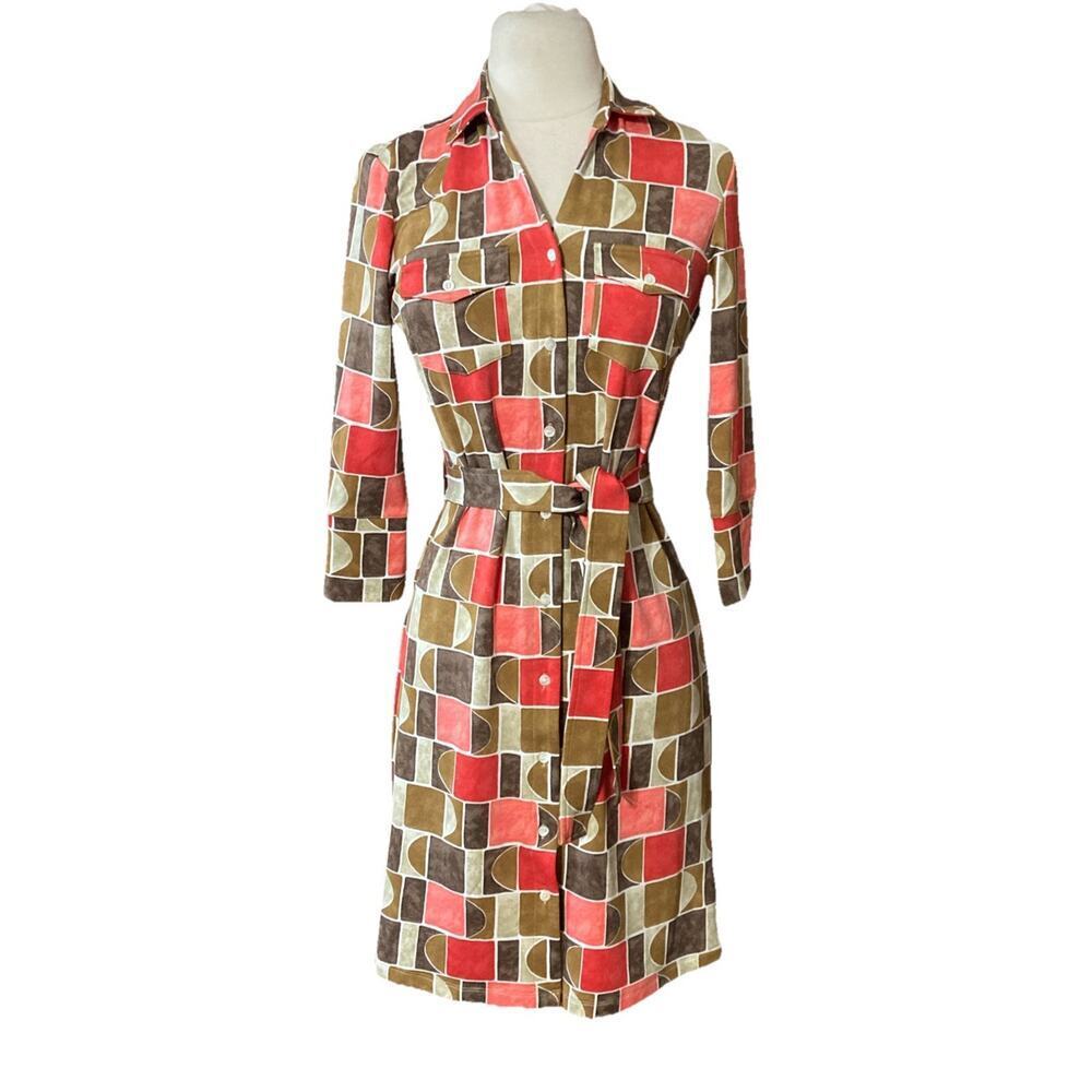 J. McLaughlin Brynn Dress Sz XS Button‎ Down Knee Length Geometric Retro 70s